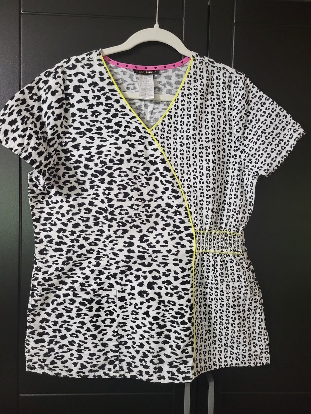 HeartSoul Black & White Leopard Print Scrub Top with Neon Yellow and Pink Trim